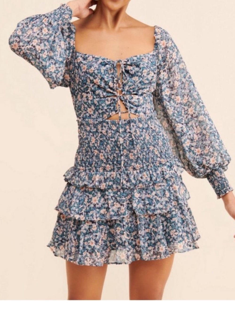 ASTR The Label Marietta Ruched Ruffle Mini Dress Floral Medium